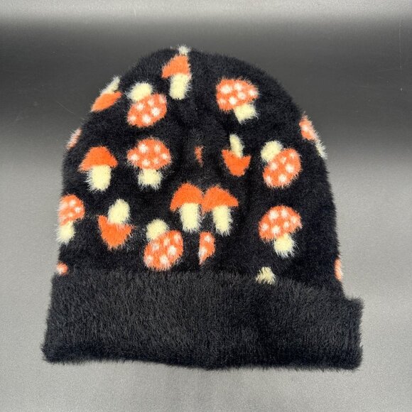 Mushroom Beanie Winter Sock Hat Fuzzy Childs One Size Kids Orange Black - Picture 3 of 8
